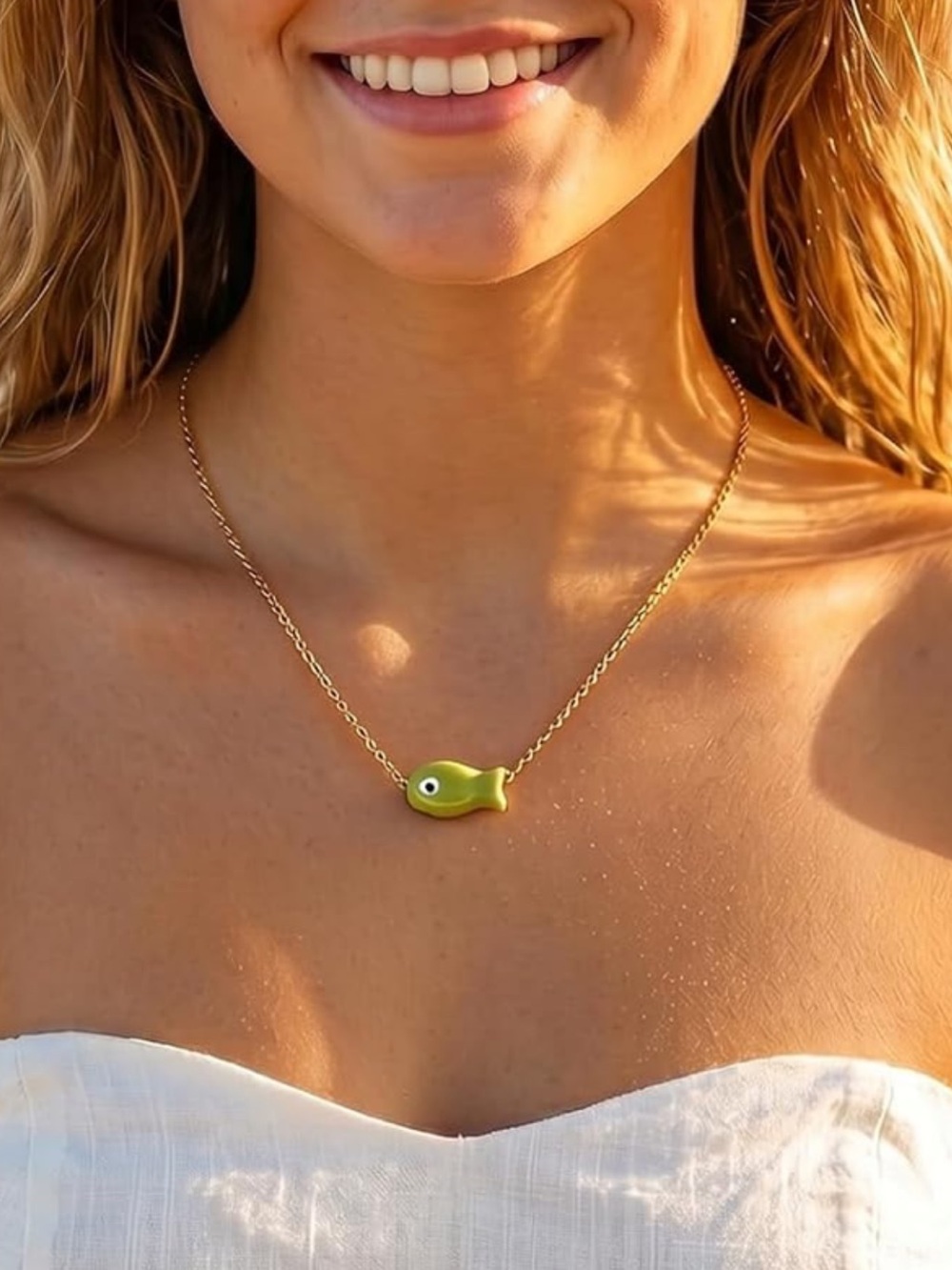 Waterproof Gold Chain Necklace with Green Fish Pendant